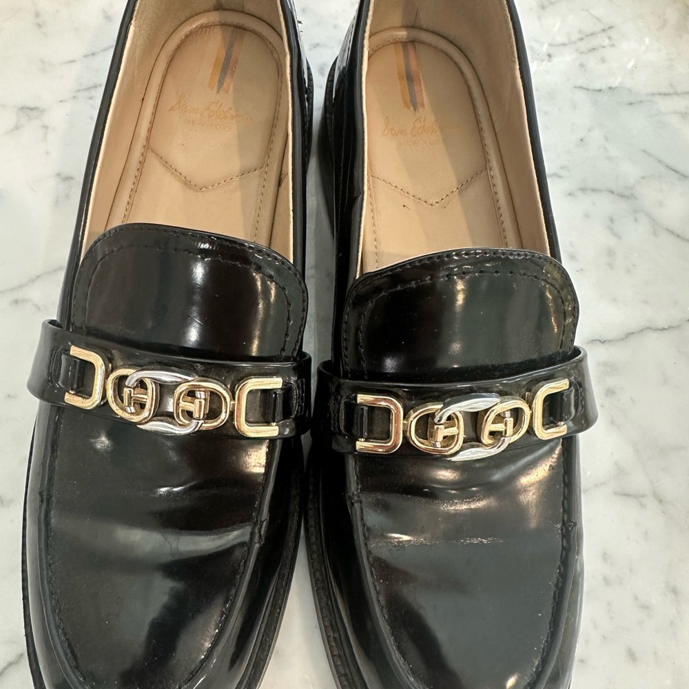 Sam Edelman Black Patent Loafers with Gold Accent